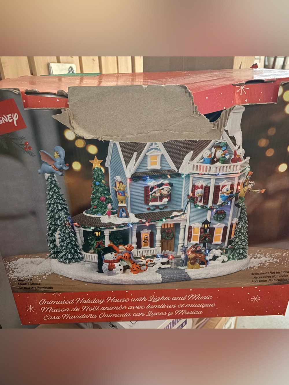 Disney Light Blue Holiday Village House with White Trim and Red Accents